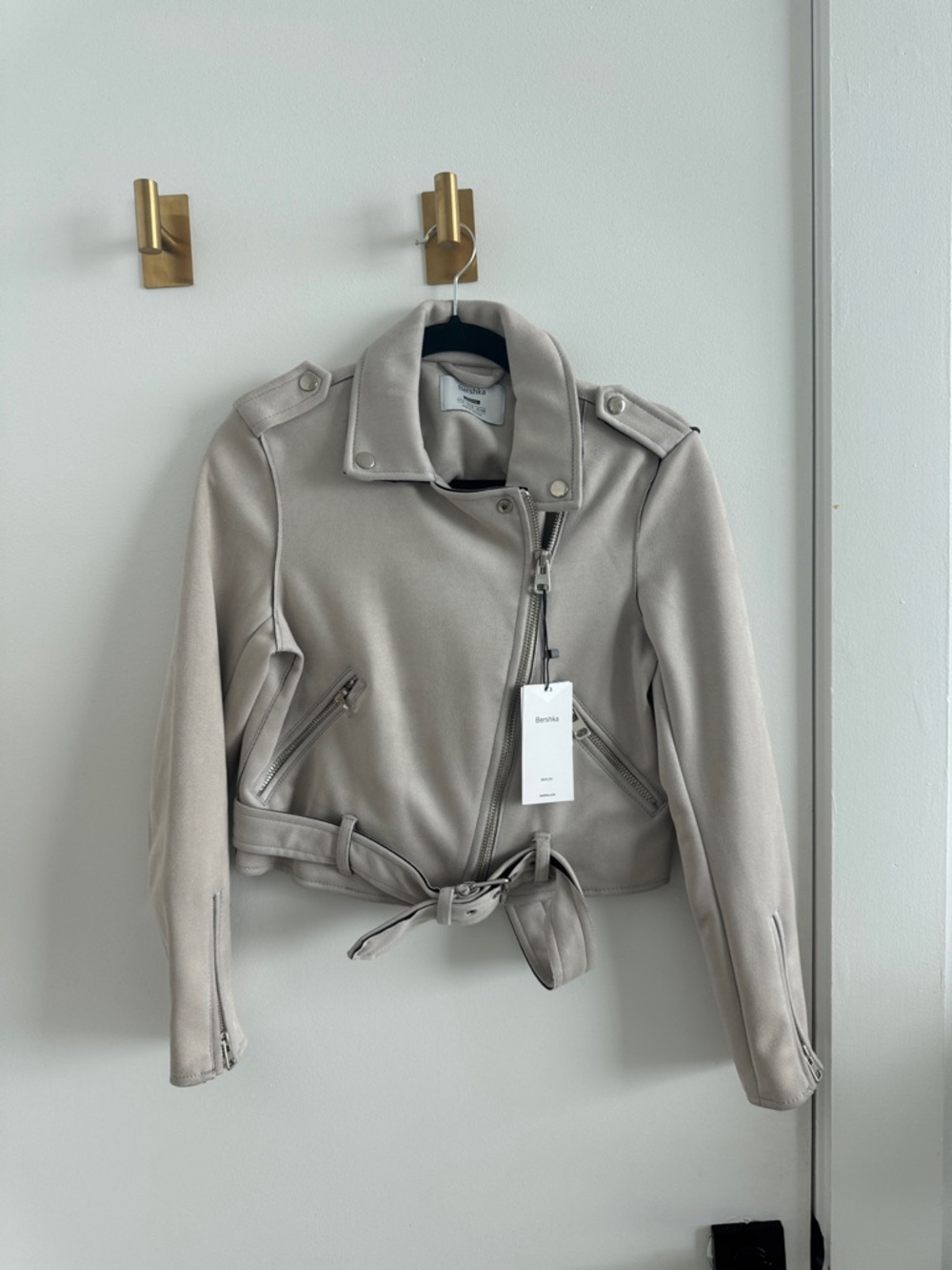 Bershka Cropped Belted Moto Jacket in Light Taupe